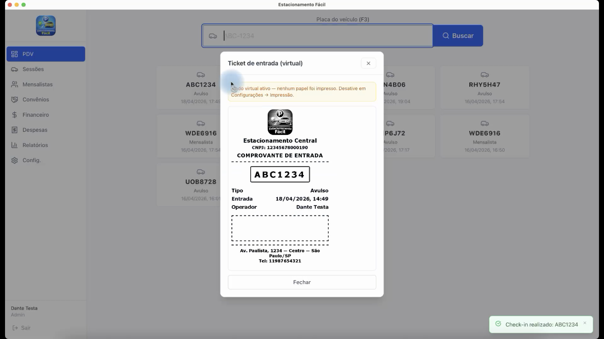 Ticket de entrada virtual gerado no check-in