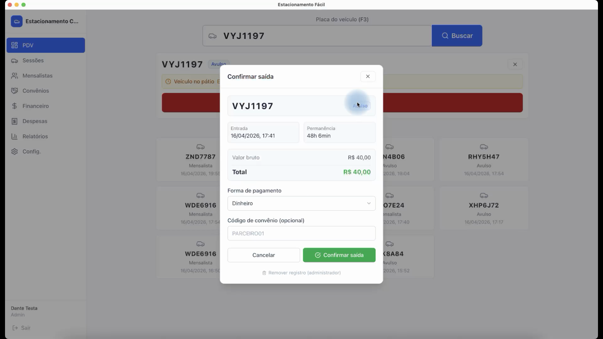 Check-out avulso com valor calculado