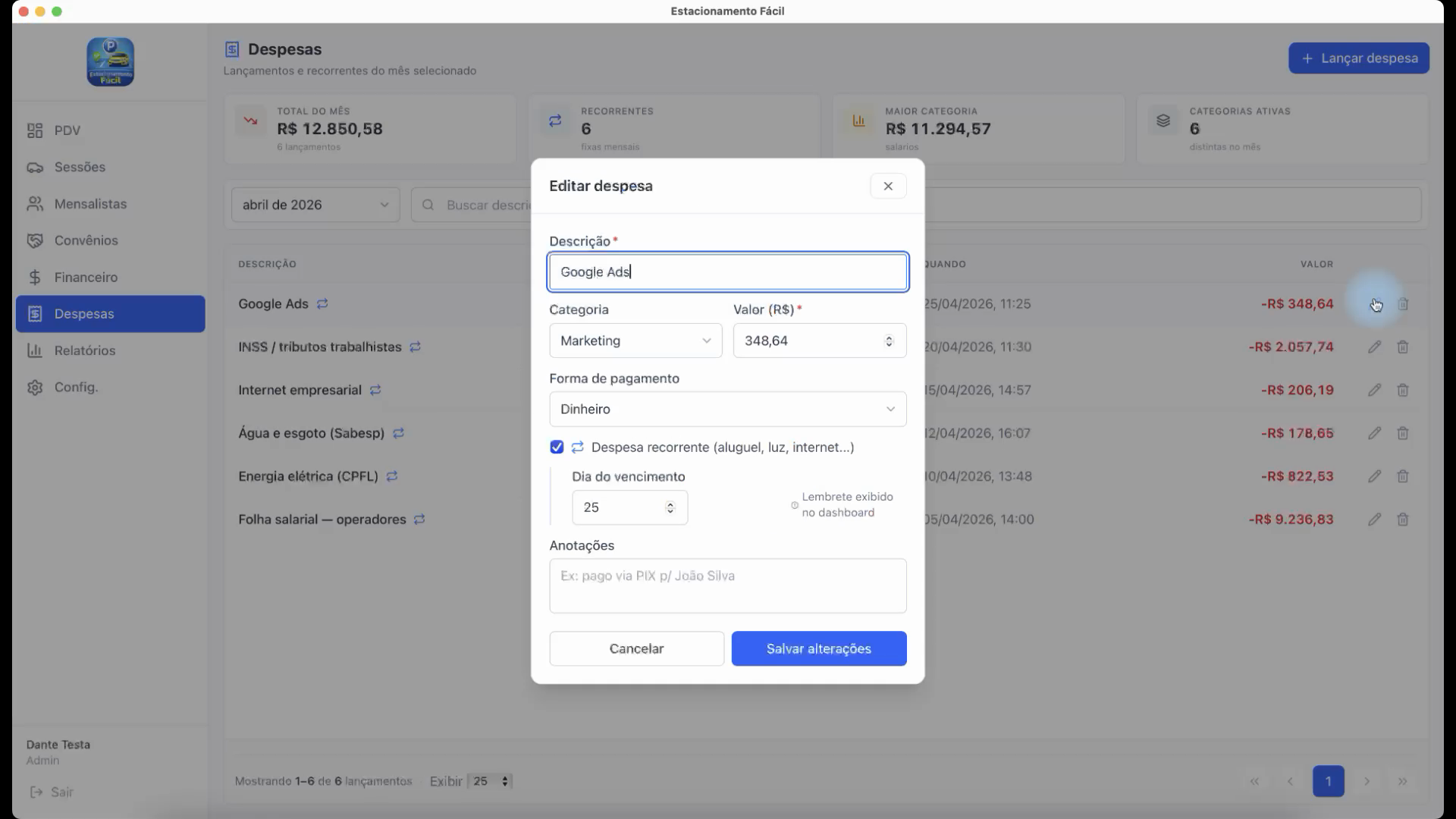 Editar despesa recorrente