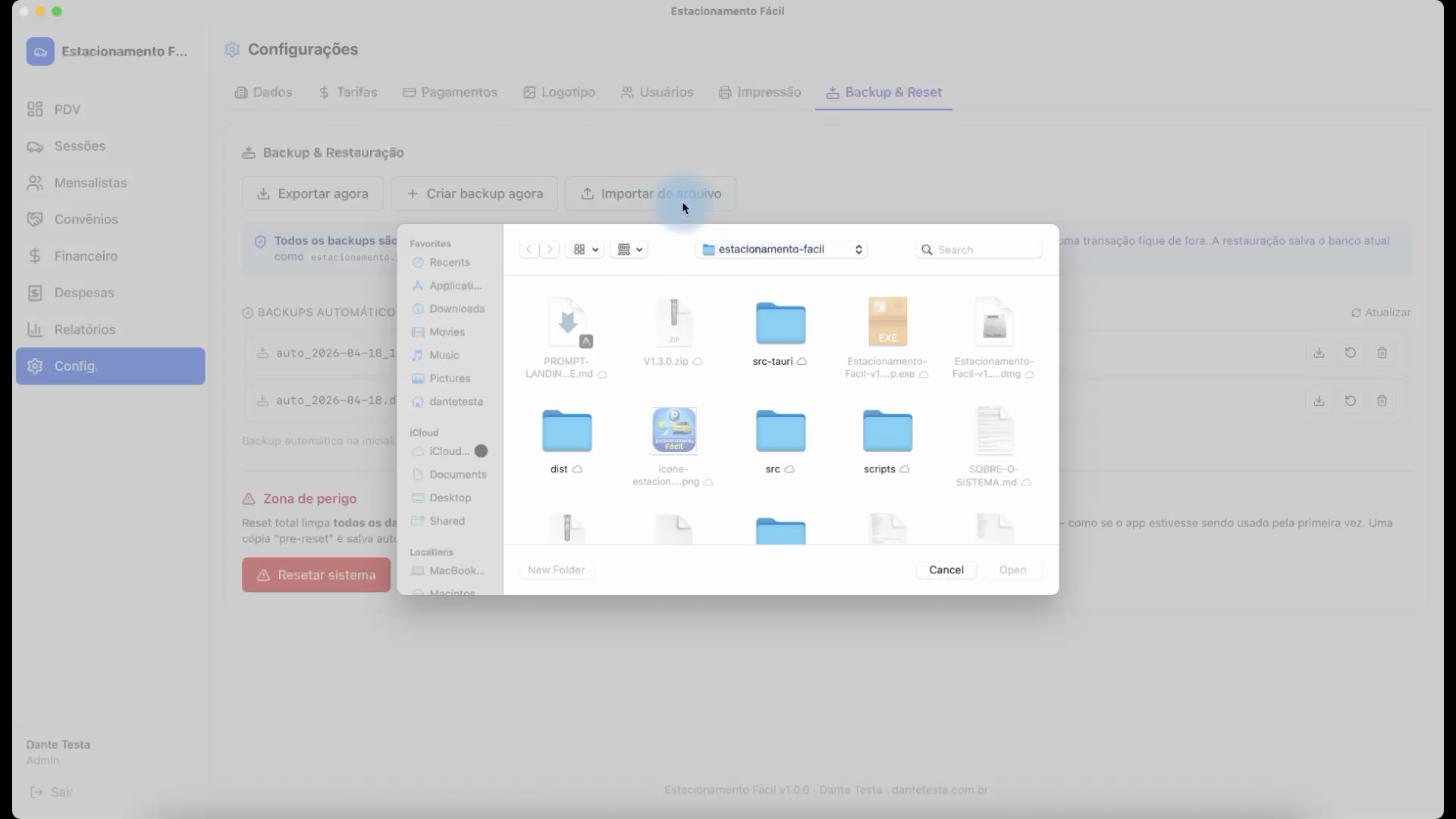 Configuração de backup e reset